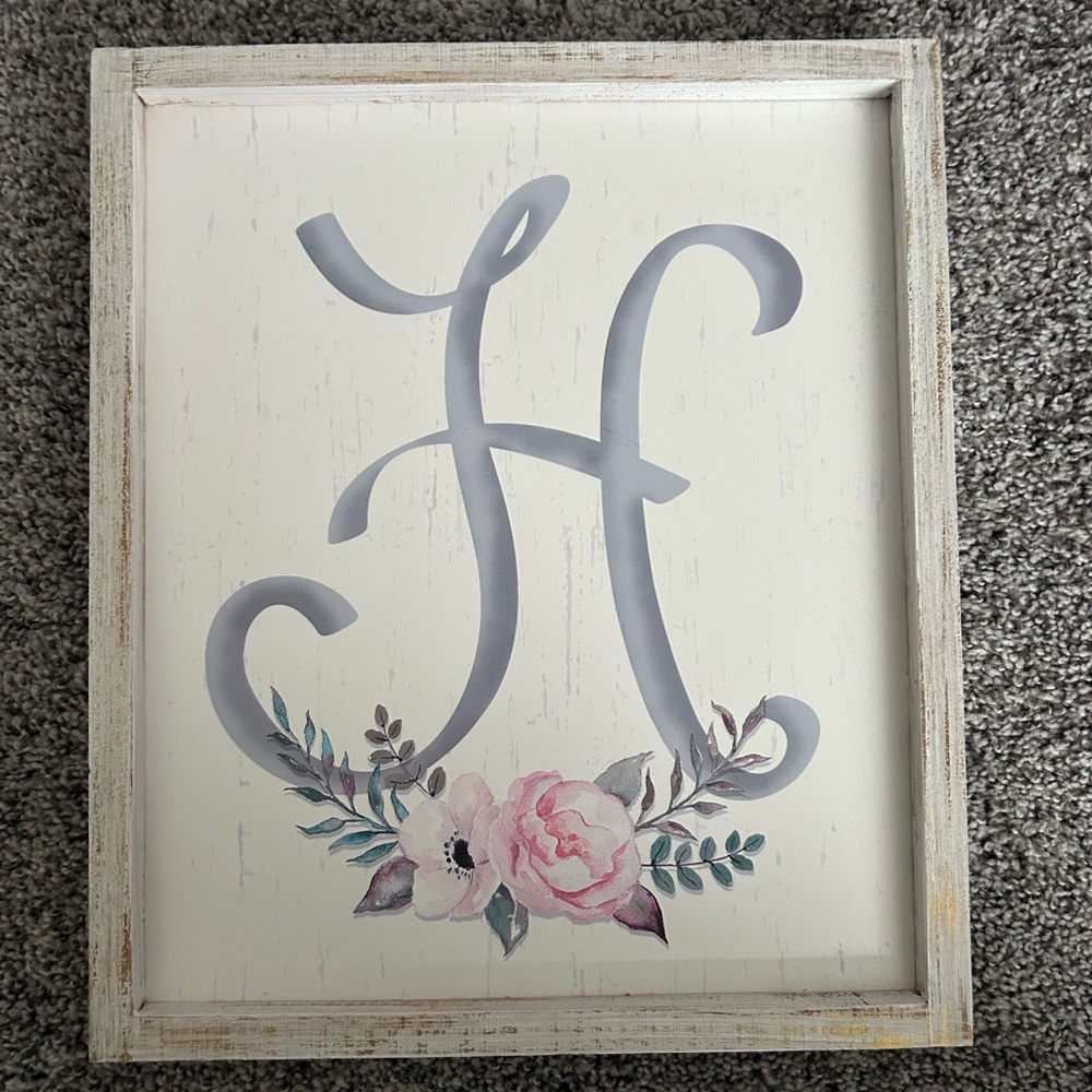 Gray cursive H with pretty floral detail rustic wall art